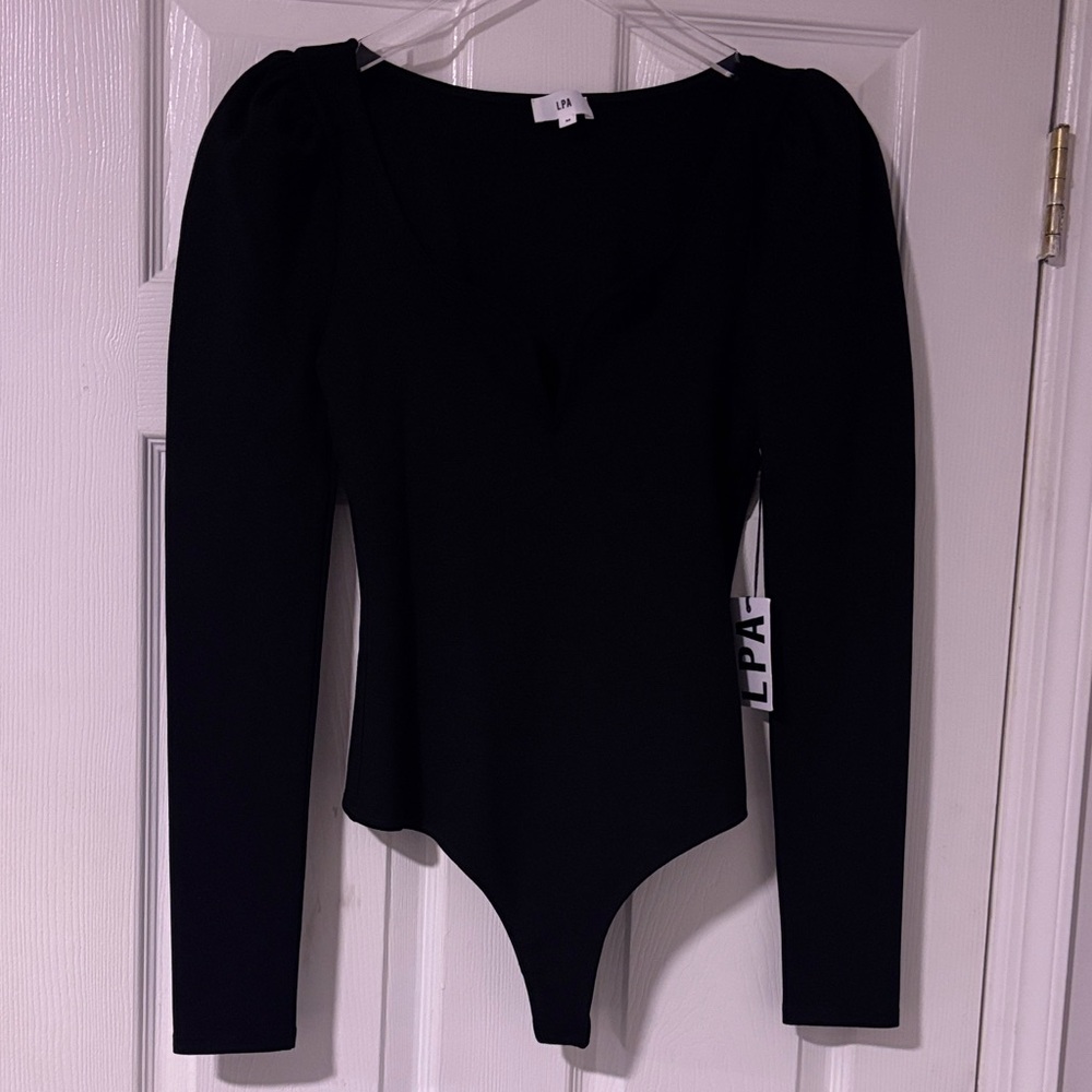 LPA..Black Sweet Heart Wired Neckline Puff L/S Sleeves Thong Bodysuit NWT